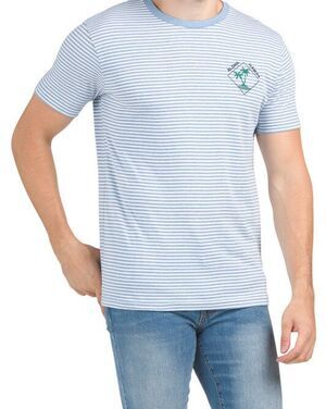 Denim & Flower men Ricky Singh Blue White Stripe Aloha Hawaii T Shirt sze Medium